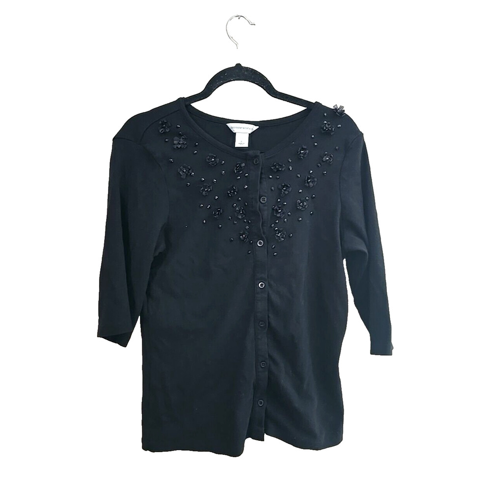 Christopher & Banks Black Beaded 3/4 Sleeve Cardigan Sweater Top Womans Sz Large